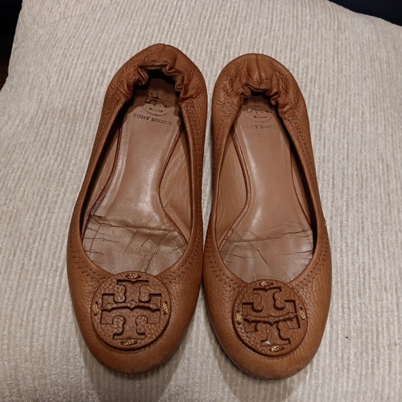 Tory Burch Reve Tumbled Brown Leather Ballet Flats Wmn's Sz 7 - Picture 1 of 4